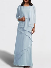 economico Set di abiti per la mamma-Due Pezzi A-Line Madre della Sposa Abito Ospite di Matrimonio Elegante Collo Gioiello Lunghezza Piena Chiffon Senza Maniche Wrap Incluso con Volant Cascading Colore Solido taglia personalizzata
