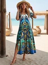 olcso Boho ruhák-Női Maxi Ruha Fekete Ruha Hosszú Ujjú Boho Ruha Elegáns Bohemia Vakáció Lepke Ujjú Vakáció Tengerpart Rendszeres Illeszkedés Virágos Grafika Rövid Ujjú Kerek Nyak Málnaszín Fehér Sárga Világos Zöld