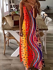 billiga Konst och design klänningar-Dam Maxiklänning A linjeklänning Sommarklänning Slipklänning Semester Ledigt Normal Grafisk Abstrakt Bohemisk Ärmlös V-hals Rubinrött Sommar Vår
