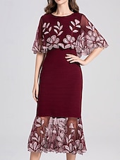 abordables Longueur du thé-Robe Mère de la Mariée Élégante Fête Col Arrondi Longueur Sol Cotonnage Manches Courtes avec Broderie Robe Midi 2025