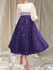 preiswerte Teelänge-A-Linie Brautmutterkleid Hochzeitsgast Elegant Rundhalsausschnitt Tee Länge Chiffon Spitze Lange Ärmeln mit Perlen Rüschen Midi Kleid 2025
