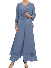 economico Tailleur pantalone della mamma-Set di Abiti Madre della Sposa Abito Ospite di Matrimonio Elegante Semplice V Collo Lunghezza Piena Poliestere Maniche Lunghe con Ricamo