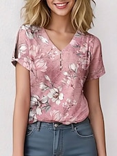 billige Blomster t-skjorte-Dame T skjorte Blomstret Grafisk Stilfull Fritid Kortermet V-hals Vanlige topper Daglig Helg Trykt mønster Rosa Sommer Vår