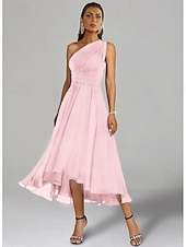 abordables Robes pour invitées de mariage-Robes de Mariage Invité A-Line Robe Élégante Formelle Fête de Mariage Longueur Thé Sans Manches Une Épaule Invité de Mariage Automne Chiffon avec Fronces 2025