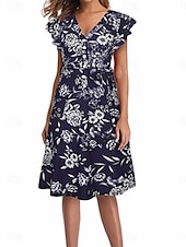 abordables Robes fleuries décontractées-Femmes Robe Midi Robe ajustée et évasée Élégant ancien Coupe régulière Vintage Manche Courte Col en V Noir Bleu de minuit Été Printemps