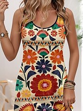 cheap Floral Dress-Women&#039;s Mini Dress A Line Dress Summer Dress Off The Shoulder Dress Vacation Casual Daily Date Weekend Loose Fit Floral Graphic Sleeveless U Neck Orange Summer Spring
