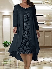 economico Con giacca-Abito da sposa A due pezzi A-Line in spiaggia madre della sposa invitata a un matrimonio elegante taglie forti scollo a gioiello lunghezza tè in chiffon pizzo manica corta giacca abiti con colore
