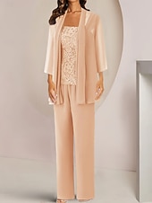 economico Tailleur pantalone della mamma-Tuta  abito intero 3 pezzi madre della sposa invitata al matrimonio elegante collo quadrato lunghezza caviglia in chiffon pizzo maniche mezze con applicazioni