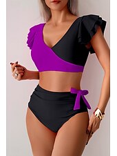 preiswerte Bikini-Sets-Damen Badeanzug Bikini Bademode Hoch tailliert Tropisch Strandbekleidung Farbblock V-förmiger Draht-Ausschnitt Ärmellos Badeanzüge