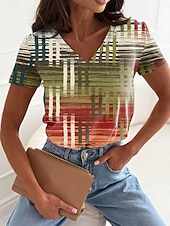 billige Kunst &amp; Design t-skjorte-Dame T skjorte Grafisk Geometrisk Fritid Kortermet V-hals Vanlige topper Daglig Trykt mønster Rosa Blå Grønn Sommer Vår