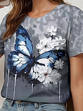 baratos Camiseta de Animais-Mulheres Camiseta Floral Gráfico Borboleta à moda Casual Manga Curta Decote Redondo Tops regulares Diário Final de semana Imprimir Azul Verão Primavera