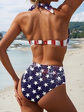tanie kostiumy kąpielowe na Dzień Niepodległości-Koszulka kąpielowa patriotyczna na Dzień Niepodległości bikini 2 częściowe z odkrytymi plecami na wakacje na plaży z grafiką flagi na szyi bez rękawów