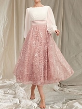 preiswerte Teelänge-A-Linie Brautmutterkleid Hochzeitsgast Elegant Rundhalsausschnitt Tee Länge Chiffon Spitze Lange Ärmeln mit Perlen Rüschen Midi Kleid 2025