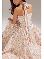 cheap Dresses-Retro Vintage Medieval Renaissance Midi Dress Flare Dress Ren Faire Halter Regency Inspired Floral Women&#039;s Masquerade Wedding Vacation Casual Daily Adults&#039; Dress Summer