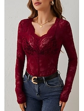 preiswerte Spitzenoberteile-Damen Spitzenhemd Bluse Glatt Stilvoll Langarm V Ausschnitt Normale Oberteile Täglich Ausgehen Spitze Schwarz Weiß Wein Sommer