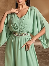 preiswerte Unter 129,99 $-Kleid Brautmutterkleid Elegant Lässig V Ausschnitt Bodenlang Polyester Dreiviertelarm mit Kristalle 2025