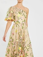 preiswerte Bodenlänge-Blumengesticktes A-Linie Kleid Mutter der Braut Kleid Elegant Vintage Ein-Schulter Knöchellang Tüll Kurzarm mit Blume Hochzeitsgastkleid