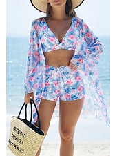 abordables Maillots de bain trois pièces-Femmes Maillots de Bain Trois Pièces Shorts Maillot de bain Tropical Tenues de plage Fleur Fil en V manche longue Maillots de bain