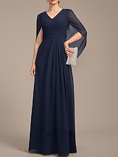 preiswerte Bodenlänge-A-Linie Brautmutterkleid Hochzeitsgast Elegant V Ausschnitt Bodenlang Chiffon Kurzarm mit Falten Raffung 2025