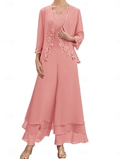 economico Tailleur pantalone della mamma-Set di Abiti Madre della Sposa Abito Ospite di Matrimonio Elegante Semplice V Collo Lunghezza Piena Poliestere Maniche Lunghe con Ricamo