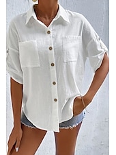 preiswerte Hemden-Damen Hemd Baumwoll-Leinen-Hemden Knopfleiste Bluse Einfach Basic Lässig Kurzarm Hemdkragen Normale Oberteile Ferien Ausgehen Knöpfe Tasche Schwarz Weiß Marineblau Khaki Grau Sommer