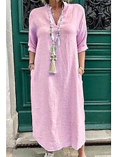 preiswerte Kleider aus Baumwolle und Leinen entwerfen-Damen Midikleid Leinen-inspirierte Kleider Baumwoll-Leinenkleid Basic Klassisch Modern Täglich Ferien Wochenende Normale Passform Einfach Langarm V Ausschnitt Rosa Grün Aprikose Leicht Blau Sommer