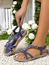 economico Sandali Comodi-sandali da donna blu navy con decorazioni floreali - eleganti scarpe estive basse con comoda soletta, ideali per l&#039;uso quotidiano o per feste in giardino