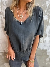abordables Chemises-Blouse Femme en Coton Lin Couleur Unie Stylée Décontractée Manches Courtes Col en V Tops Quotidiens Patchwork Noir Blanc Marron Clair Abricot Été Printemps