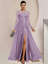 abordables Longueur du plancher-Robe de mère de la mariée A-Line pour invitée de mariage élégante col bijou longueur de sol en chiffon dentelle sequins à manches longues avec plissage avant couleur unie taille personnalisée gratuite