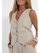 cheap Sets-Women&#039;s Active Basic Linen-Inspired Sets Two Piece Sets Blouse Sleeveless V Neck Solid Color Dubbele Rij Knopen Vacation Casual Daily Black White Wine Summer Regular Fit