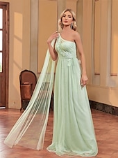tanie Suknie wieczorowe-Sukienki A-line na quinceanera elegancka sukienka weselna dla gości długości do ziemi bez rękawów jedno ramię szyfonowa z aplikacjami