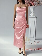 cheap Sundresses-Women&#039;s Long Dress Maxi Dress Prom Dress Party Dress Satin Dress Elegant Mature Elegant Dress Wedding Party Wedding Guest Regular Fit Plain Sleeveless Spaghetti Strap Black Champagne Pink Blue Summer