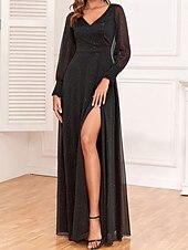 levne černý-Šaty matky nevěsty elegantní párty černé šaty V krku na zem polyester dlouhý rukáv se sequiny