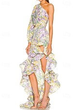cheap YELLOW-Mermaid / Trumpet Evening Gown Elegant Dress Wedding Wedding Guest Floor Length Long Sleeve One Shoulder Asymmetrical Neckline Satin with Floral Print Pleats Ruffles Wedding Guest Dress 2025