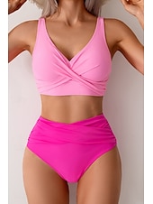 abordables Ensemble de bikinis-Femmes Maillots de Bain Bikini Maillot de bain Froncé Taille haute Tropical Tenues de plage Uni Fil en V Sans manches Maillots de bain