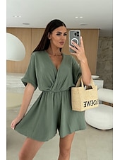 billige uformelle jumpsuits-Dame Sparkedrakter Fritid Helfarge Halvlange ermer T-skjorte V-hals Elastisk midje Høy Midje Daglig Normal Svart Hvit Rosa Sommer
