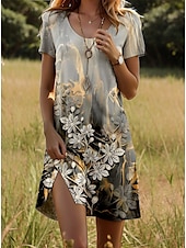 billiga Blommig klänning-Dam Mini klänning T shirtklänning A linjeklänning Sommarklänning Semester Ledigt Dagligen Helgen Normal Blommig Grafisk Kortärmad Rund hals Silver Sommar Vår