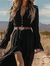 preiswerte Ausgefallene Kleider-Damen Midikleid Boho-Kleid Westernkleid Mode Klassisch Outdoor Täglich Ferien Normale Passform Einfach Langarm V Ausschnitt Schwarz Sommer