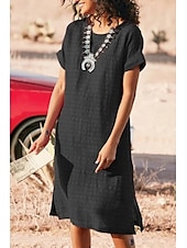 abordables Robes décontractées-Femmes Robe Midi Robe Décontractée Robe en coton et lin Mode Moderne Extérieur Sortir Week-end Coupe régulière Uni Manche Courte Col ras du cou Noir Blanche Rouge Gris Été