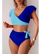 preiswerte Bikini-Sets-Damen Badeanzug Bikini Bademode Hoch tailliert Tropisch Strandbekleidung Farbblock V-förmiger Draht-Ausschnitt Ärmellos Badeanzüge