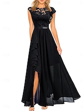 preiswerte Unter 129,99 $-Kleid Mutter der Braut Kleid Hochzeitsgast Elegant Lässig Juwel-Ausschnitt Bodenlang Polyester Kurzarm mit Spitze
