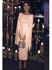 billiga Cocktailklänningar-Sheath cocktailklänningar elegant klänning bröllopsgäst semester te längd lång ärm juvelhals höst bröllopsgäst jersey rygglös med slank enfärgad derbyklänning 2025