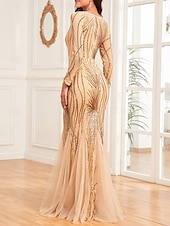 economico NERO-Abito madre della sposa abito elegante festa collo a giro lunghezza a terra cotone misto maniche lunghe con paillettes 2025