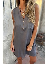 cheap Dresses-Women&#039;s Mini Dress Linen-Inspired Dresses Cotton Linen Dress Fashion Classic Modern Vacation Daily Holiday Regular Fit Plain Sleeveless V Neck Black Beige Grey Light Blue Summer