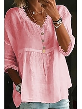 abordables Camisas-Mujer Camisa Camisas de algodón y lino Blusa Plano Básico Moderno Casual Manga 3/4 Escote en Pico Tops regulares Diario Festivos Noche Frunce Blanco Rosa Azul claro Verano