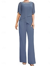 cheap Mom&#039;s Pant Suits-Pantsuit Mother of the Bride Dress Wedding Guest Elegant Simple Square Neck Floor Length Polyester Short Sleeve with Solid Color