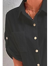 preiswerte Hemden-Damen Hemd Baumwoll-Leinen-Hemden Knopfleiste Bluse Einfach Basic Lässig Kurzarm Hemdkragen Normale Oberteile Ferien Ausgehen Knöpfe Tasche Schwarz Weiß Marineblau Khaki Grau Sommer