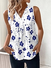 economico Canotta Floreale-Canotta da donna floreale grafica elegante casual senza maniche colletto a V top regolari abbigliamento da giorno stampa nera bianca rosa blu estate