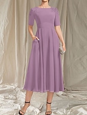 abordables Longueur du thé-Robe Mère de la Mariée A-Line Invité de Mariage Élégante Col Arrondi Longueur Thé Chiffon Manches Courtes avec Perles Appliques Robe Midi 2025