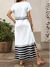 preiswerte Streifen- und geometrische Kleider-Damen Midikleid Sommerkleid A Linie Kleid Urlaub Lässig Urlaub Täglich Normale Passform Grafik Geometrisch Gestreift Kurzarm V Ausschnitt Weiß+Schwarz Sommer